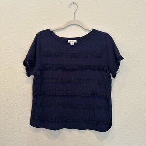 Style & Co Navy Short Sleeve Top with Fringe Detail